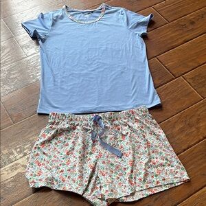 Lands' End Light Blue Short Sleeve Top with Floral Print Shorts Pajama Set